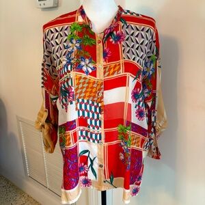 JOHNNY WAS RED Silk Long Sleeve Button Front Floral Geometric Red Print Blouse